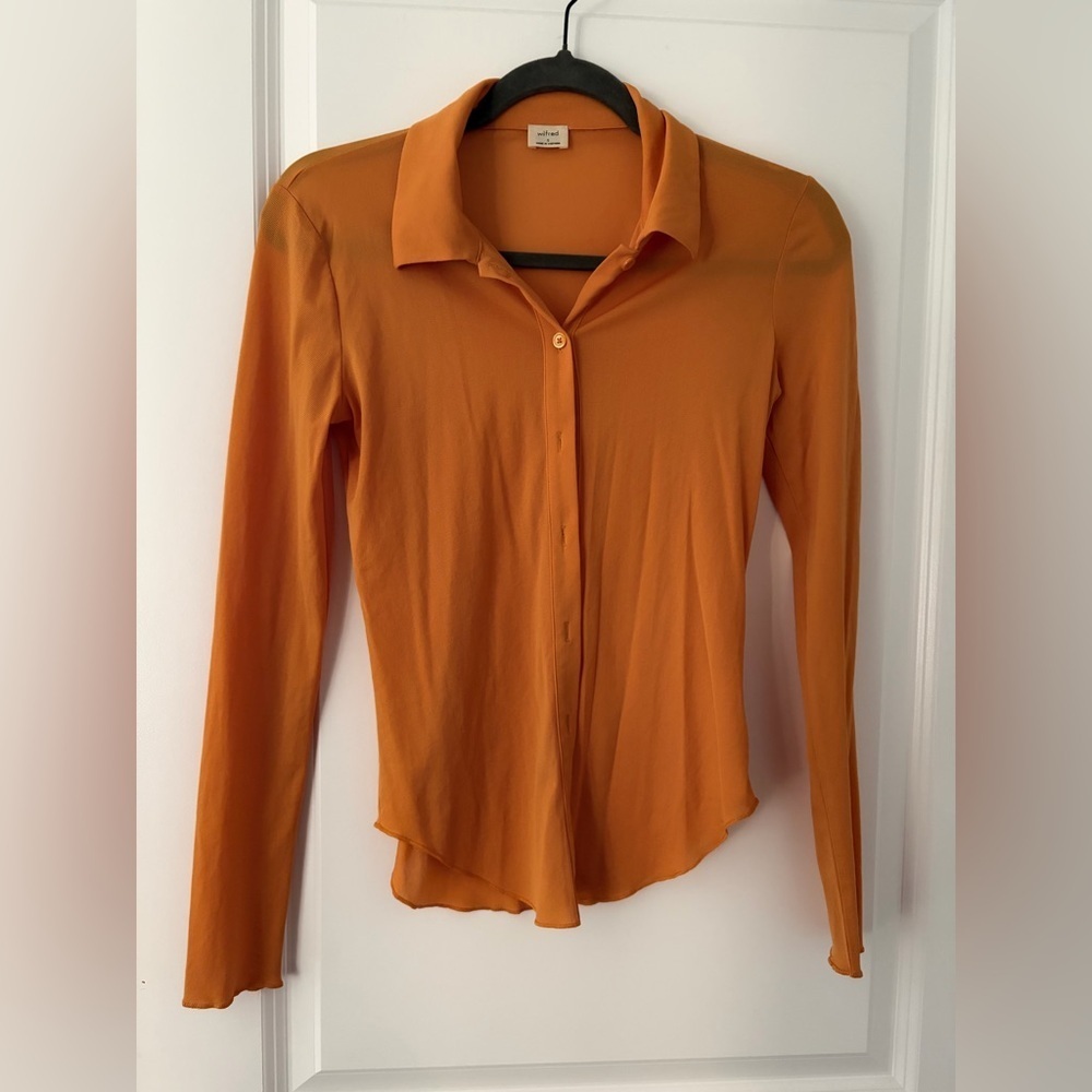 Aritzia Wilfred Sheer Mesh Orange Button-Up Top